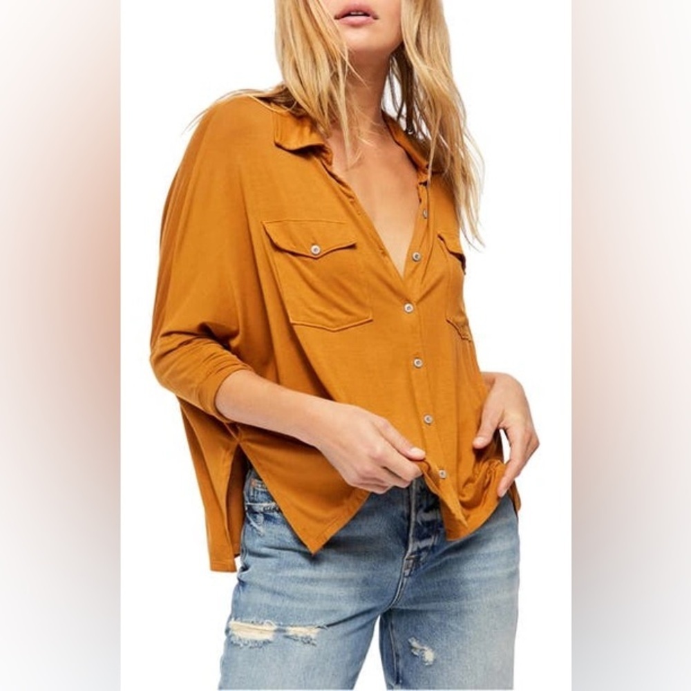 We The Free Andy Button-Up Top in Honey Ginger - Size M